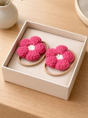Pink Crocheted Flower Hair Tie Pair with White Center